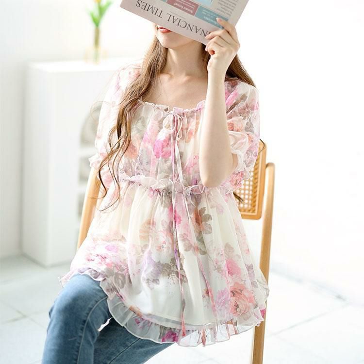 大きいサイズ レディース バックシャーリング花柄フリルトップス　goldy-1548 【メール便可】 ピンク