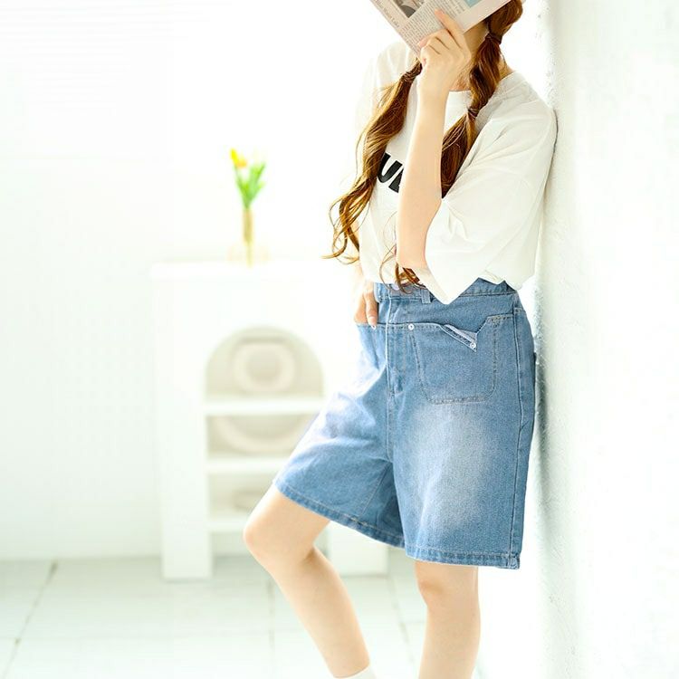 大きいサイズ レディース Aラインウォッシュデニムハーフパンツ　goldy-1547