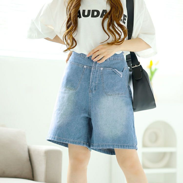 大きいサイズ レディース Aラインウォッシュデニムハーフパンツ　goldy-1547