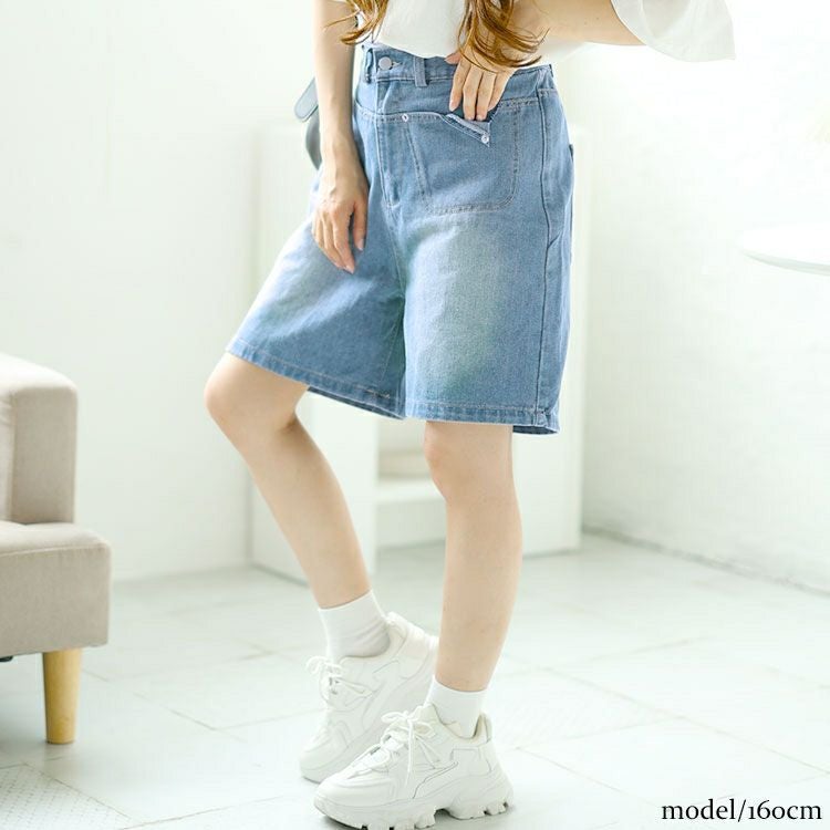 大きいサイズ レディース Aラインウォッシュデニムハーフパンツ　goldy-1547