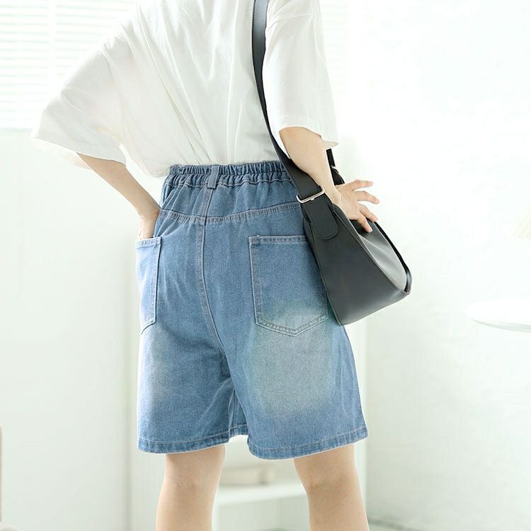 大きいサイズ レディース Aラインウォッシュデニムハーフパンツ　goldy-1547