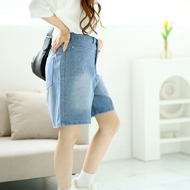 大きいサイズ レディース Aラインウォッシュデニムハーフパンツ　goldy-1547