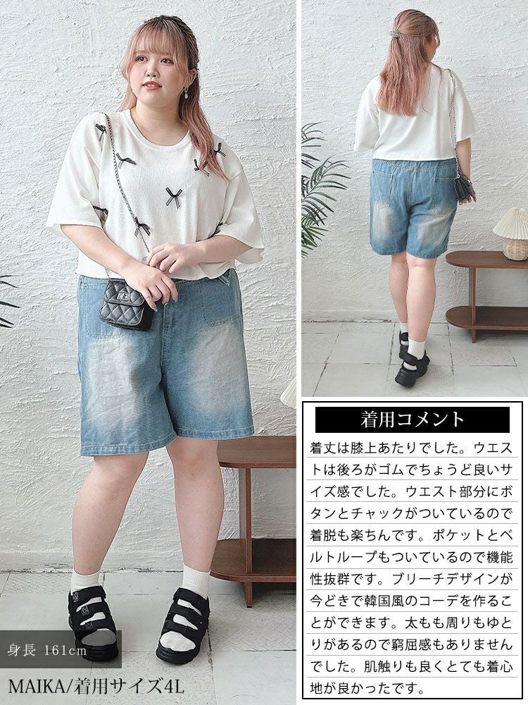 大きいサイズ レディース Aラインウォッシュデニムハーフパンツ　goldy-1547