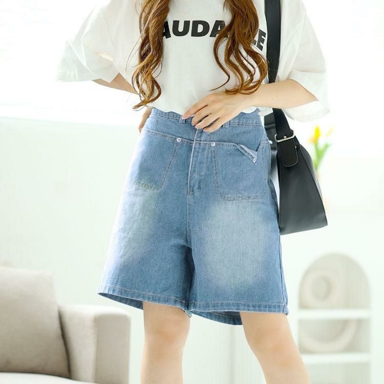 大きいサイズ レディース Aラインウォッシュデニムハーフパンツ　goldy-1547 ブルー