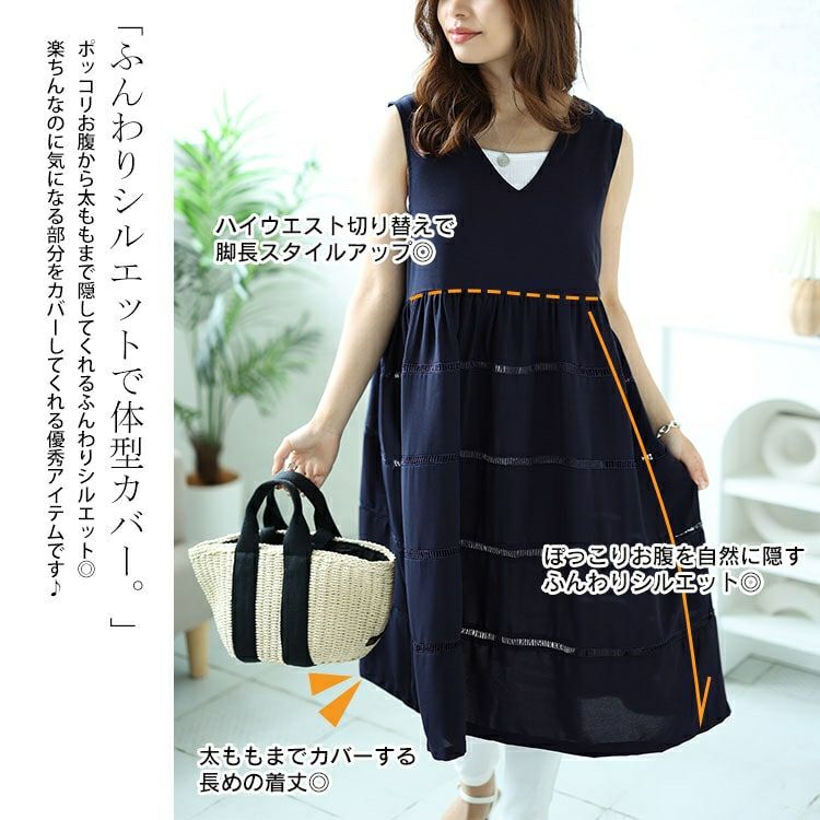 大きいサイズ レディース Vネックレース使いティアードチュニック　maru-30058