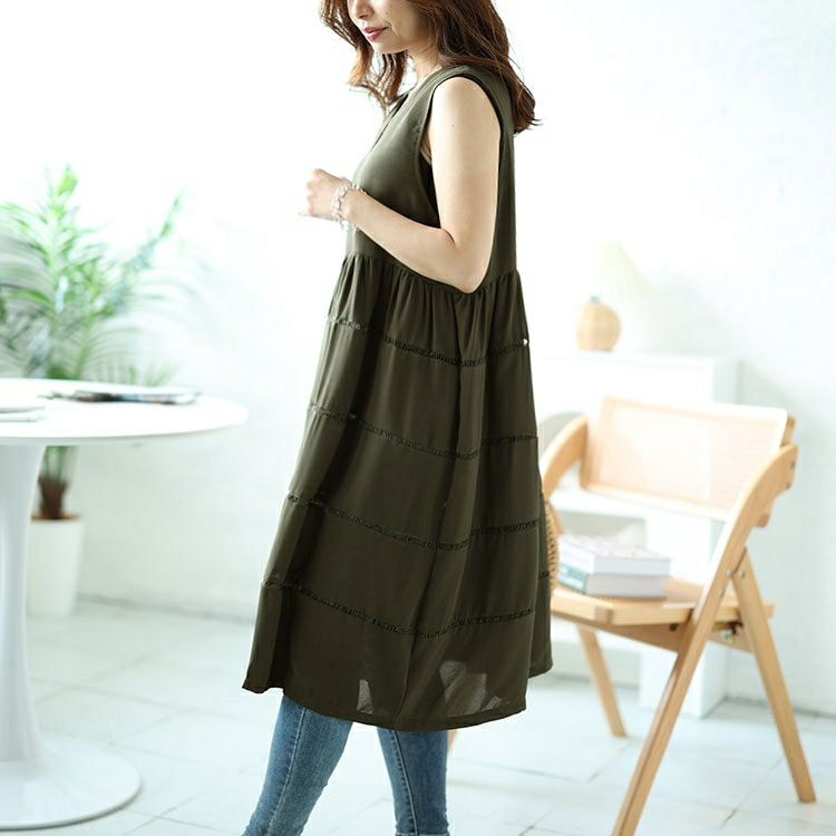 大きいサイズ レディース Vネックレース使いティアードチュニック　maru-30058