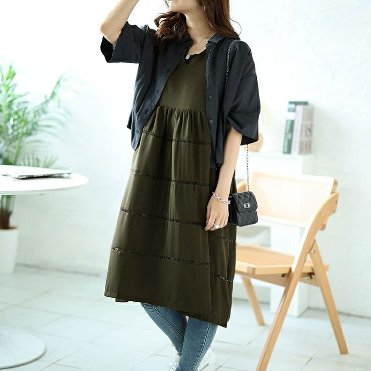 大きいサイズ レディース Vネックレース使いティアードチュニック　maru-30058