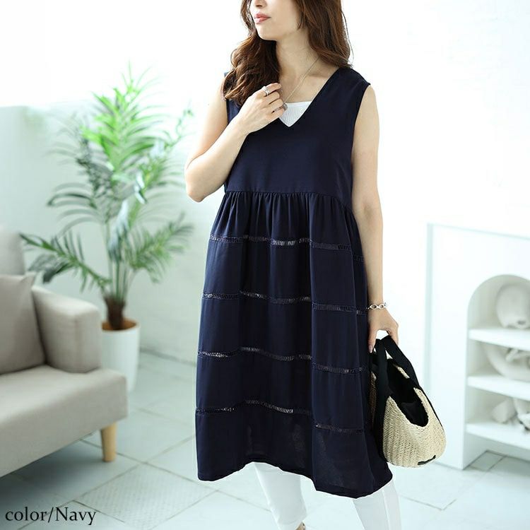 大きいサイズ レディース Vネックレース使いティアードチュニック　maru-30058