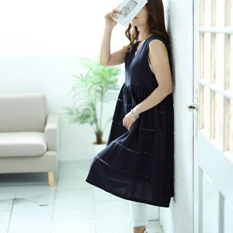 大きいサイズ レディース Vネックレース使いティアードチュニック　maru-30058