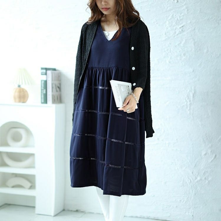 大きいサイズ レディース Vネックレース使いティアードチュニック　maru-30058