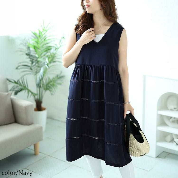 大きいサイズ レディース Vネックレース使いティアードチュニック　maru-30058 ネイビー