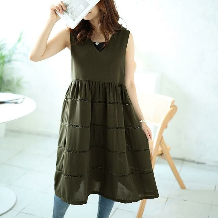 大きいサイズ レディース Vネックレース使いティアードチュニック　maru-30058 カーキ