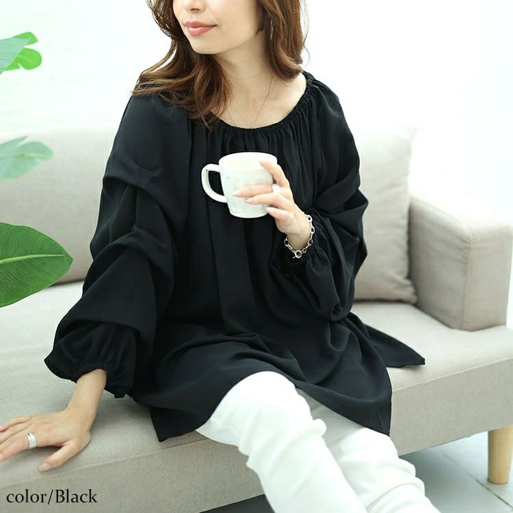 大きいサイズ レディース 2wayギャザーネックタックボリュームスリーブプルオーバー　maru-30055