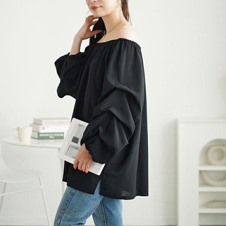 大きいサイズ レディース 2wayギャザーネックタックボリュームスリーブプルオーバー　maru-30055