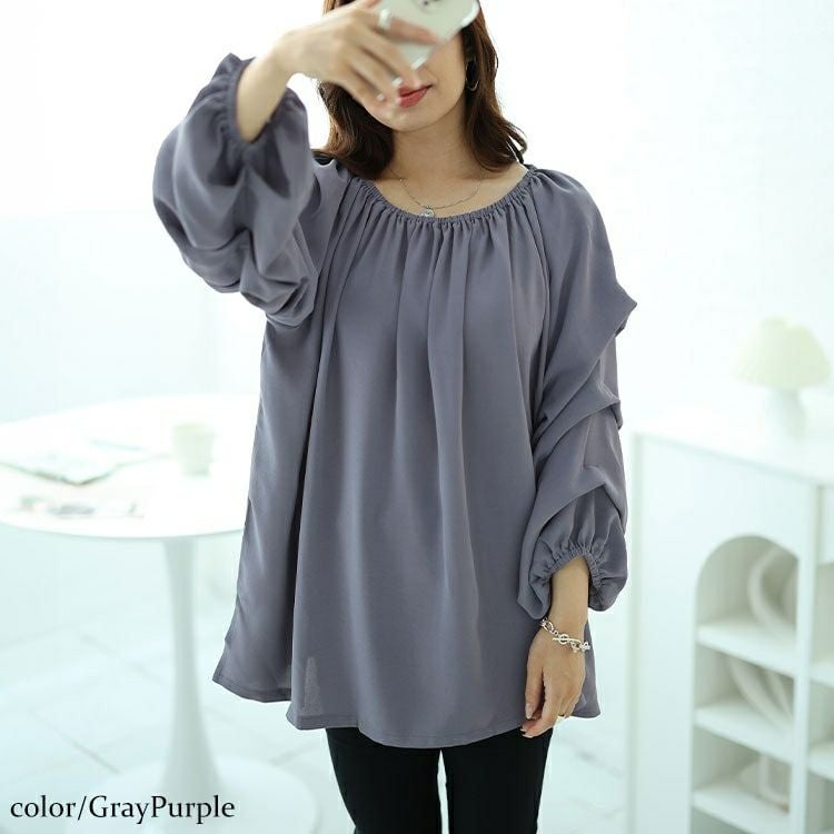 大きいサイズ レディース 2wayギャザーネックタックボリュームスリーブプルオーバー　maru-30055