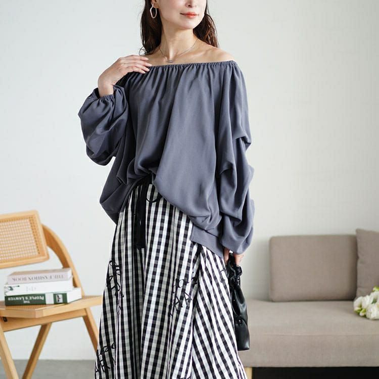 大きいサイズ レディース 2wayギャザーネックタックボリュームスリーブプルオーバー　maru-30055