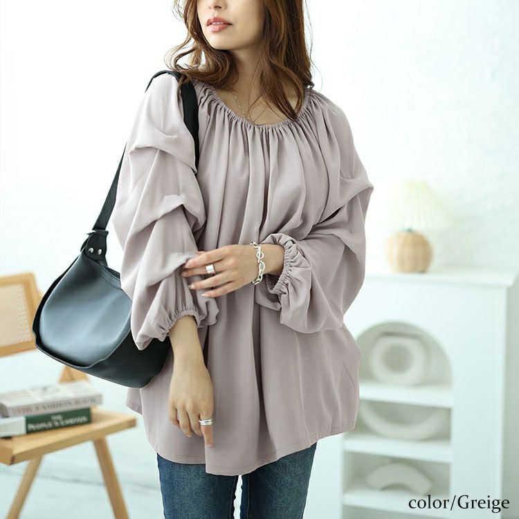 大きいサイズ レディース 2wayギャザーネックタックボリュームスリーブプルオーバー　maru-30055
