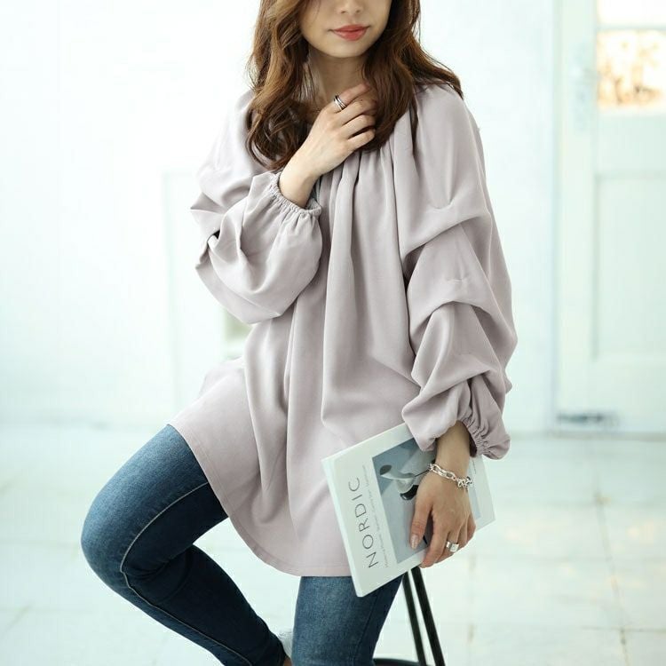 大きいサイズ レディース 2wayギャザーネックタックボリュームスリーブプルオーバー　maru-30055