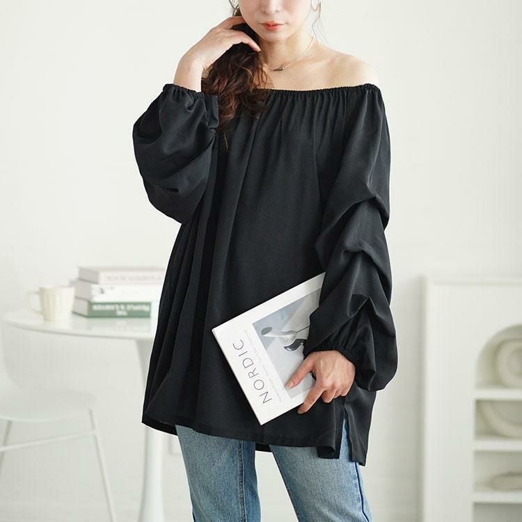 もー様 トップスMサイズ 大きいサイズ レディース 2wayギャザーネックタックボリュームスリーブ