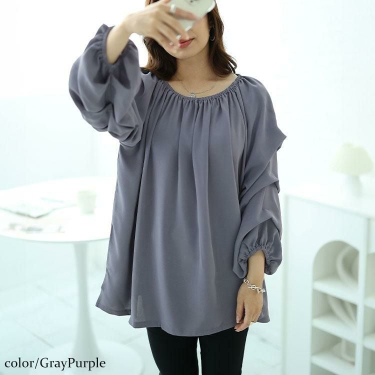 大きいサイズ レディース 2wayギャザーネックタックボリュームスリーブプルオーバー　maru-30055 グレーパープル