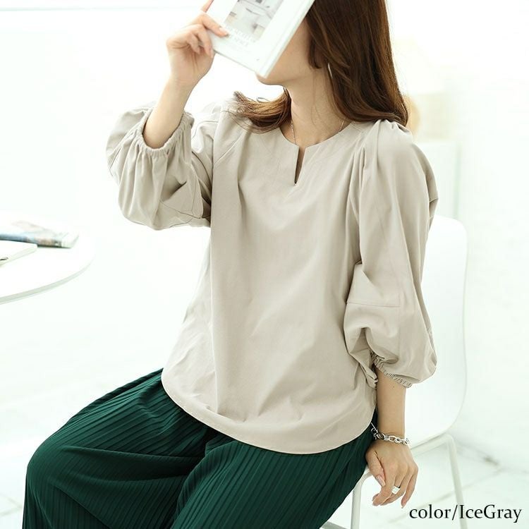 大きいサイズ レディース 肩タックボリュームスリーブキーネックプルオーバー　maru-30054 【メール便可】