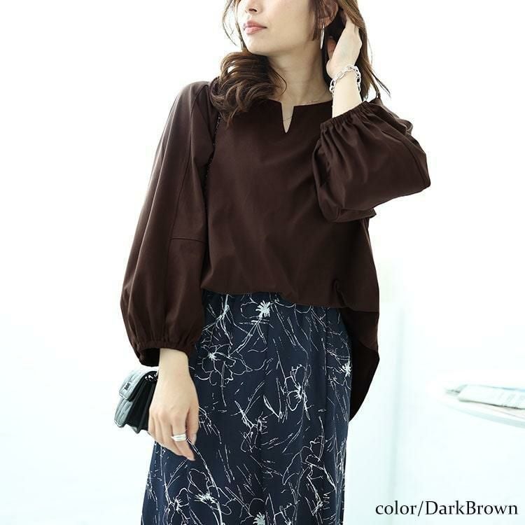 大きいサイズ レディース 肩タックボリュームスリーブキーネックプルオーバー　maru-30054 【メール便可】 ダークブラウン