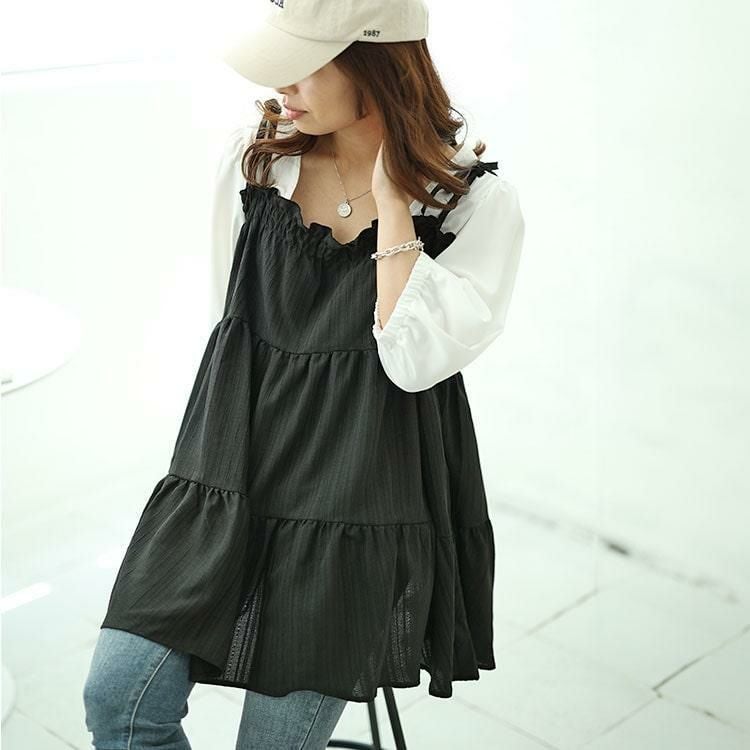 大きいサイズ レディース フェイクレイヤードティアードキャミチュニック　fem-514 ブラック