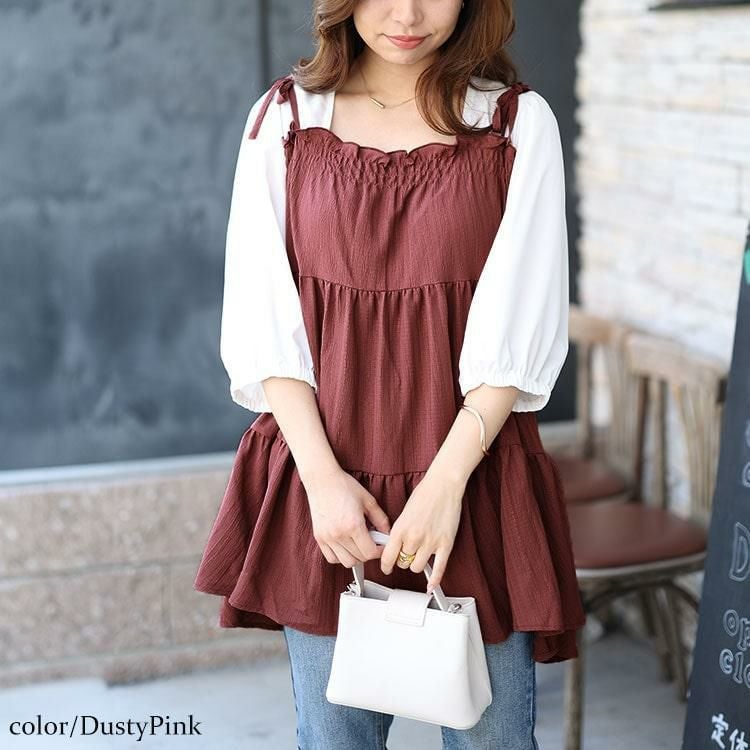 大きいサイズ レディース フェイクレイヤードティアードキャミチュニック　fem-514 ダスティーピンク