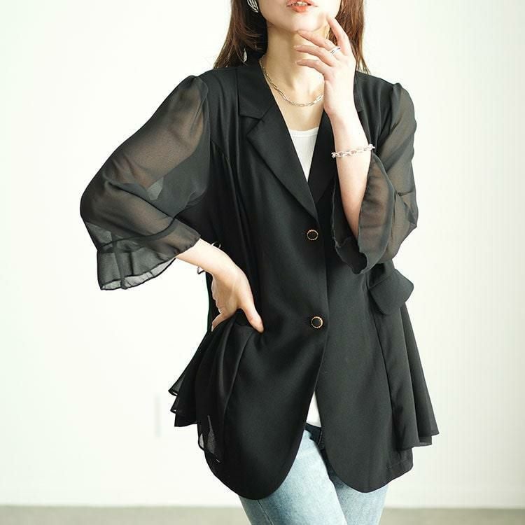 大きいサイズ レディース シアー切り替えテーラードジャケット　goldy-1545 【メール便可】 ブラック