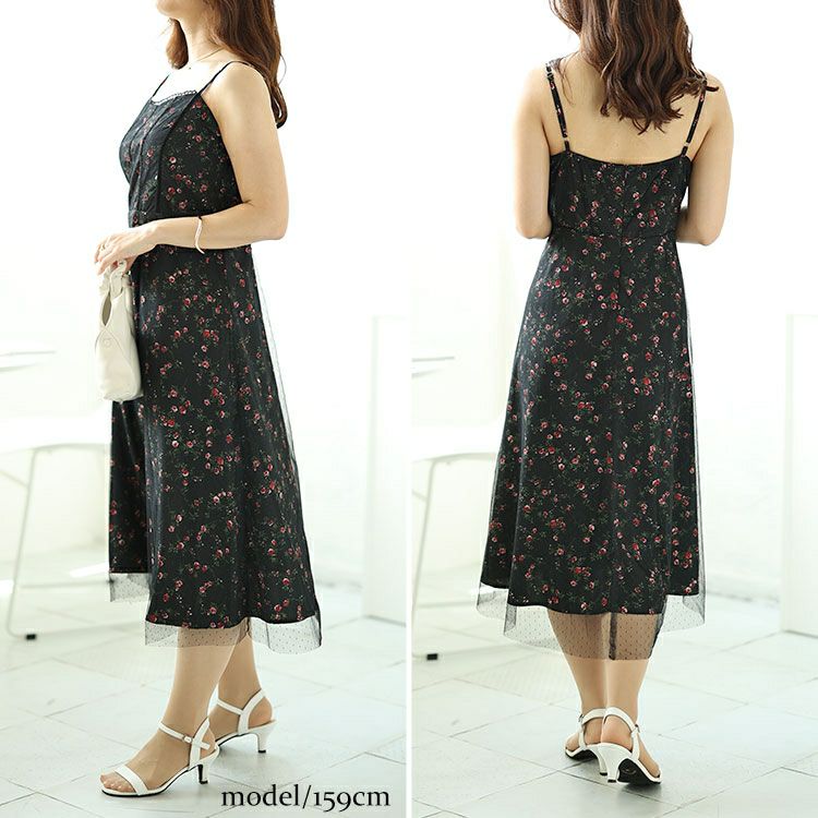 大きいサイズ レディース ボレロ＆ドットチュールレイヤード花柄キャミワンピース2点セット　goldy-1551