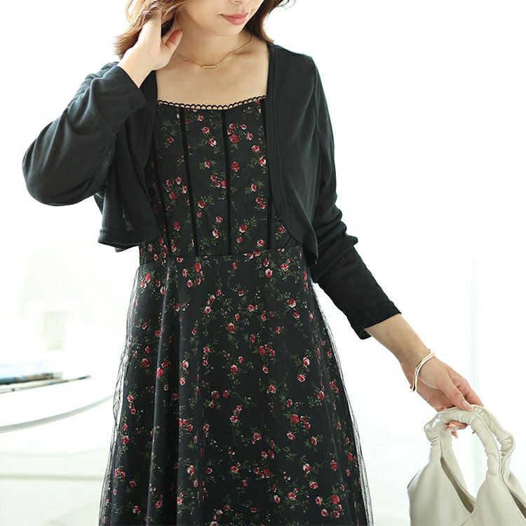 大きいサイズ レディース ボレロ＆ドットチュールレイヤード花柄キャミワンピース2点セット　goldy-1551