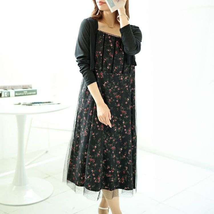 大きいサイズ レディース ボレロ＆ドットチュールレイヤード花柄キャミワンピース2点セット　goldy-1551