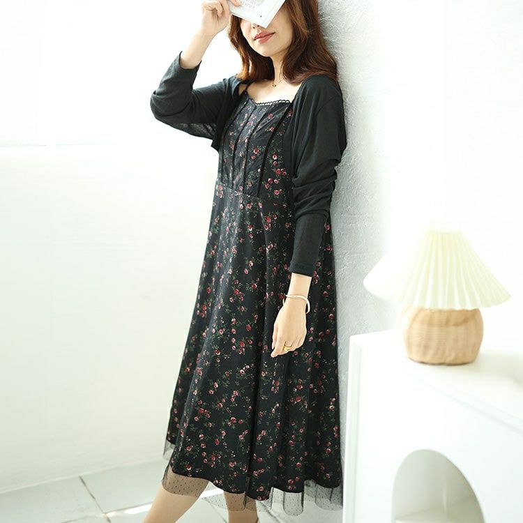 大きいサイズ レディース ボレロ＆ドットチュールレイヤード花柄キャミワンピース2点セット　goldy-1551