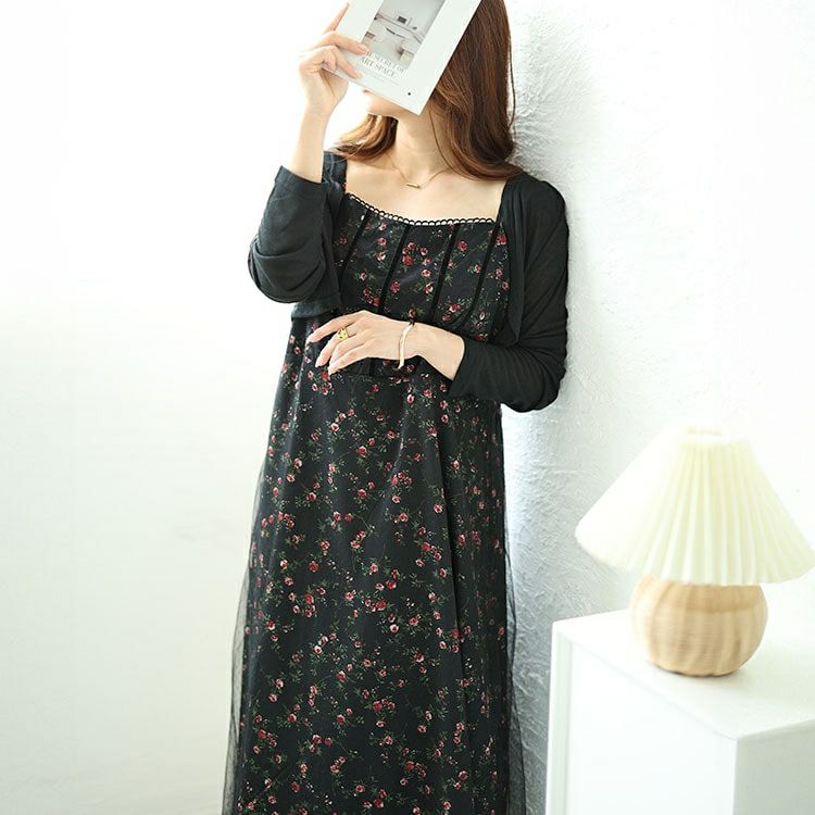 大きいサイズ レディース ボレロ＆ドットチュールレイヤード花柄キャミワンピース2点セット　goldy-1551