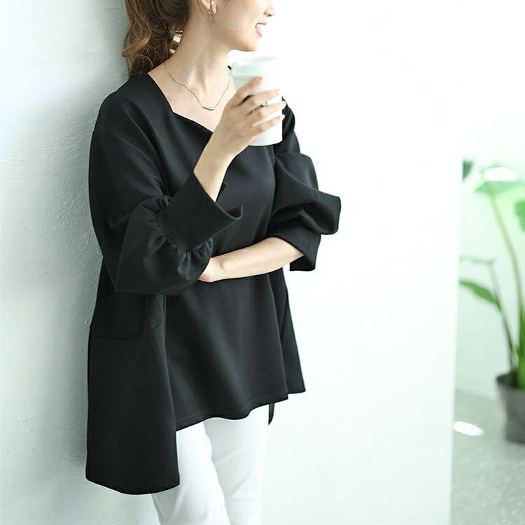 大きいサイズ レディース パールボタンハートネックペプラムカットソー　mncut-142546