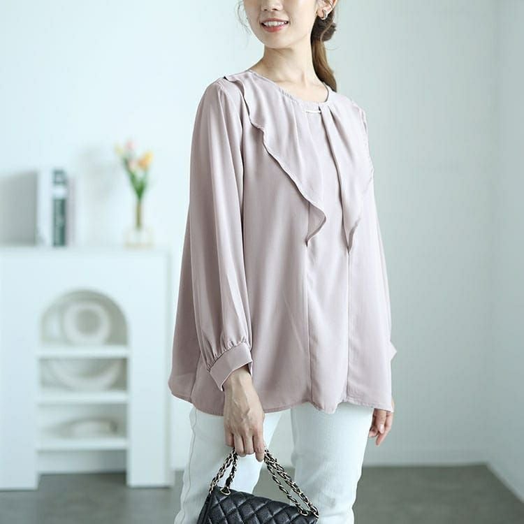 大きいサイズ レディース ゴールドパーツ付きラッフルブラウス　mncut-142545