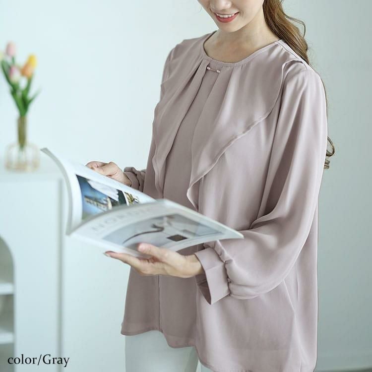 大きいサイズ レディース ゴールドパーツ付きラッフルブラウス　mncut-142545 グレー