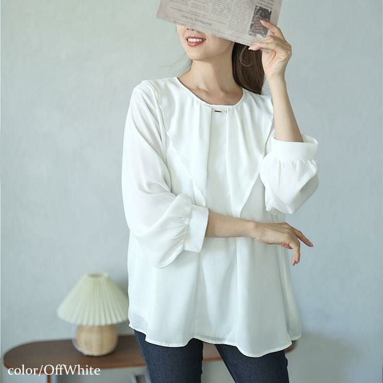 大きいサイズ レディース ゴールドパーツ付きラッフルブラウス　mncut-142545 オフホワイト