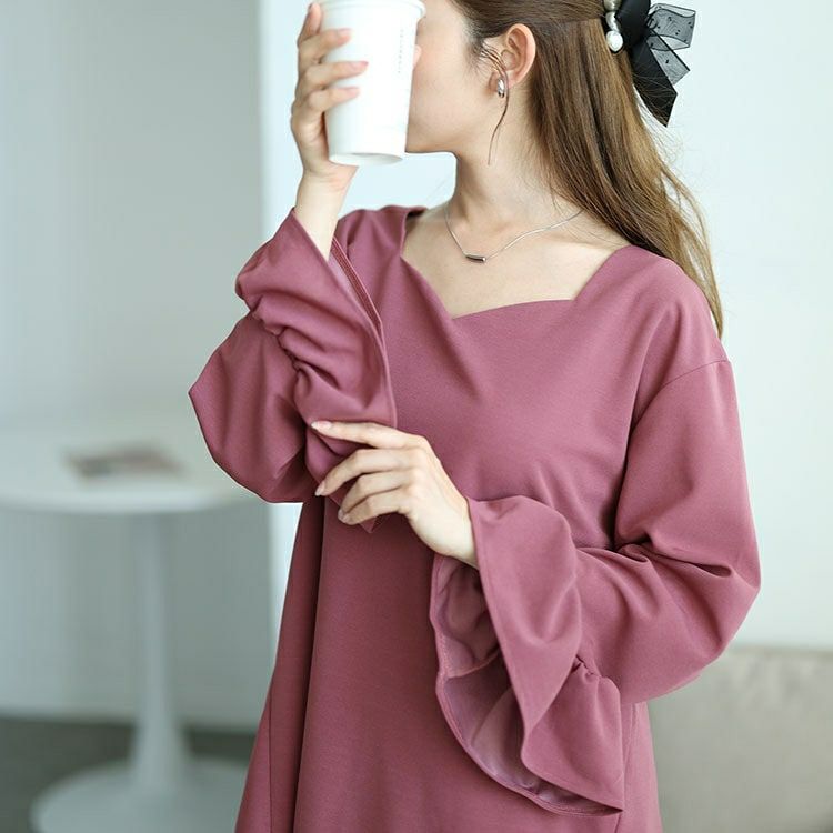 大きいサイズ レディース ベルスリーブハートネックプルオーバー　mncut-142544 【メール便可】