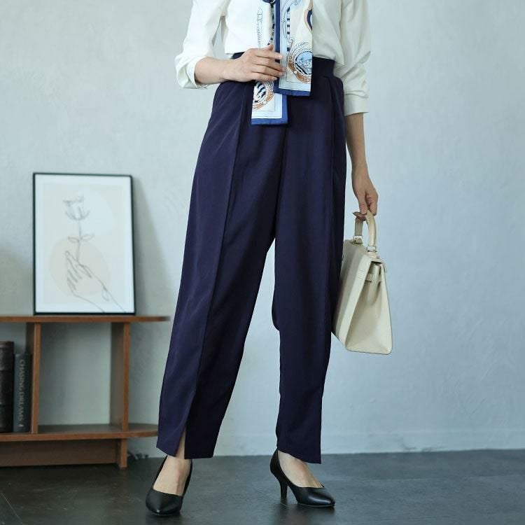 大きいサイズ レディース センタースリットテーパードパンツ　mncut-142543 ネイビー