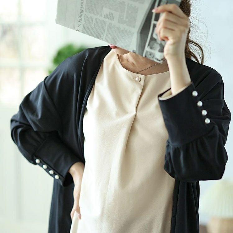 大きいサイズ レディース パールボタンロングトッパーカーディガン＆ブラウス2点セット　mncut-142542
