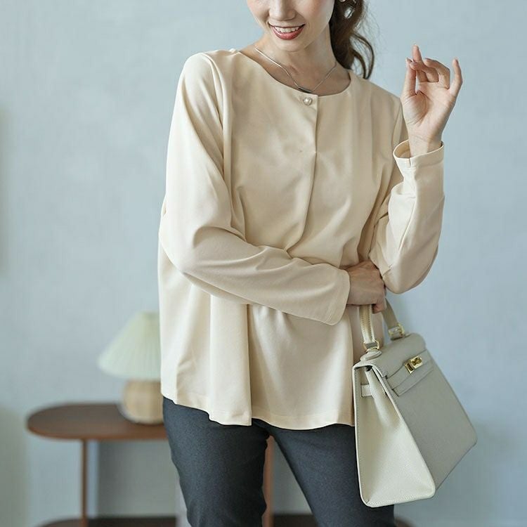 大きいサイズ レディース パールボタンロングトッパーカーディガン＆ブラウス2点セット　mncut-142542