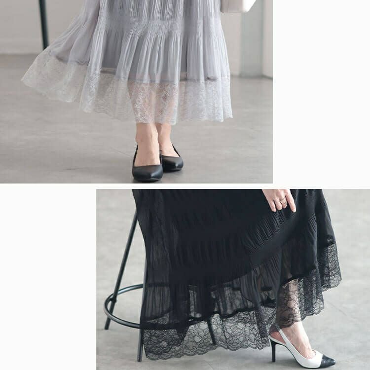 大きいサイズ レディース ランダムシャーリング裾レーススカート　sfe-0010