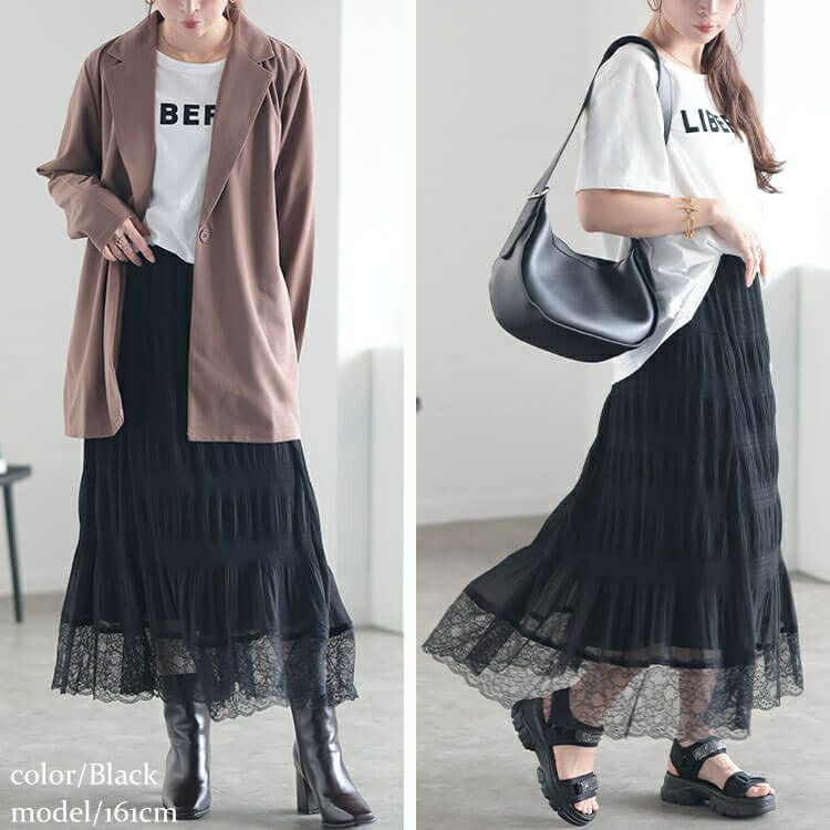 大きいサイズ レディース ランダムシャーリング裾レーススカート　sfe-0010