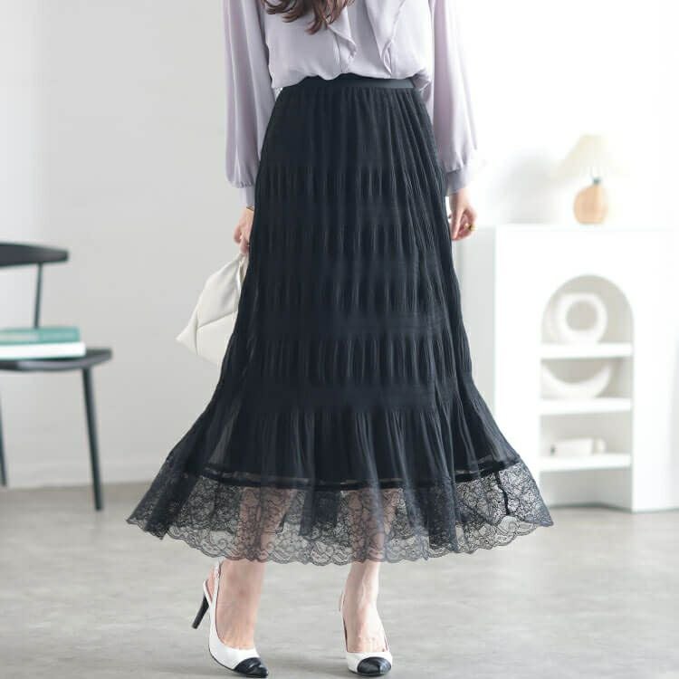 大きいサイズ レディース ランダムシャーリング裾レーススカート　sfe-0010