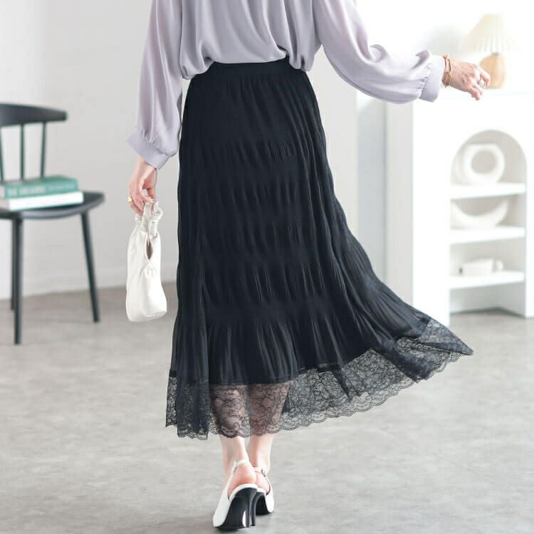 大きいサイズ レディース ランダムシャーリング裾レーススカート　sfe-0010