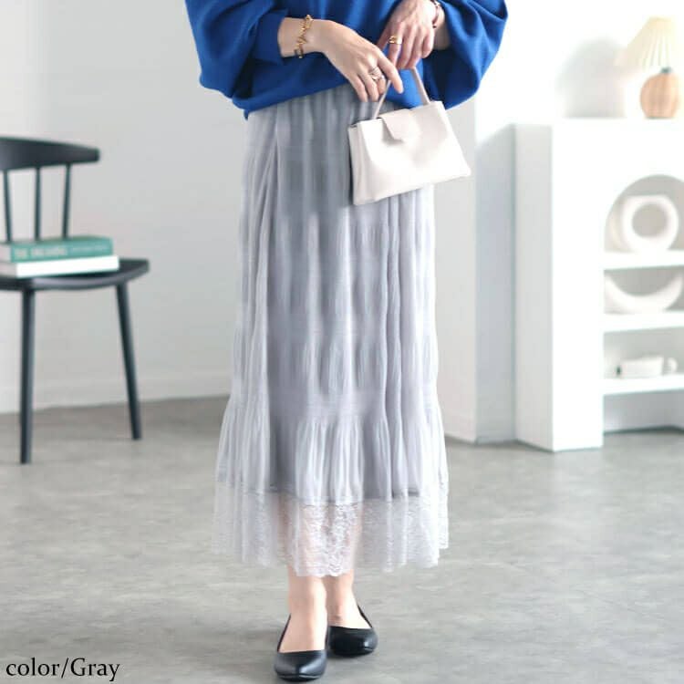 大きいサイズ レディース ランダムシャーリング裾レーススカート　sfe-0010