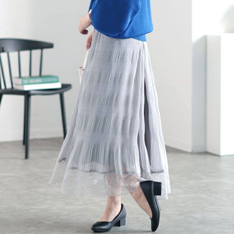 大きいサイズ レディース ランダムシャーリング裾レーススカート　sfe-0010