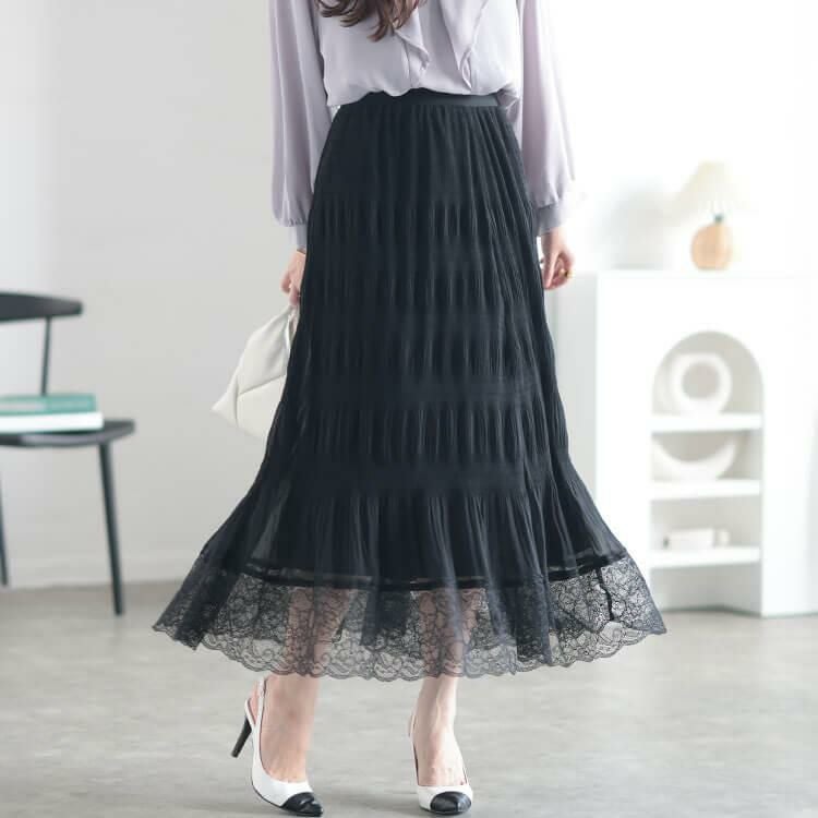 大きいサイズ レディース ランダムシャーリング裾レーススカート　sfe-0010 ブラック