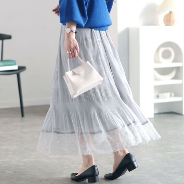 大きいサイズ レディース ランダムシャーリング裾レーススカート　sfe-0010 グレー